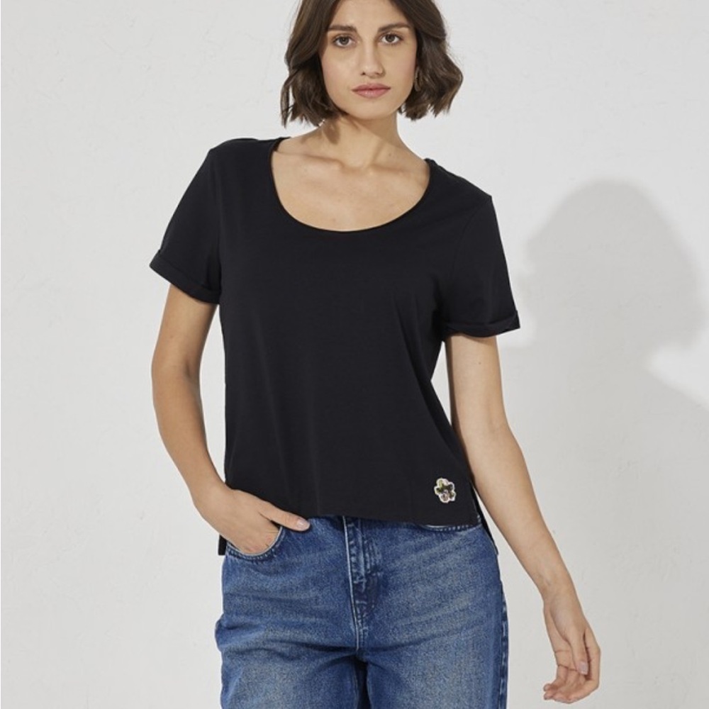 Ted Baker MIARNA Scoop Neck Easy Fit Tee Shirt Black magnolia flower Sz 3 US M